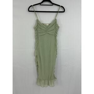 Heart & Hips Women’s Sage Green Ruched Dress Size M Ruffle Hem Sleeveless Midi